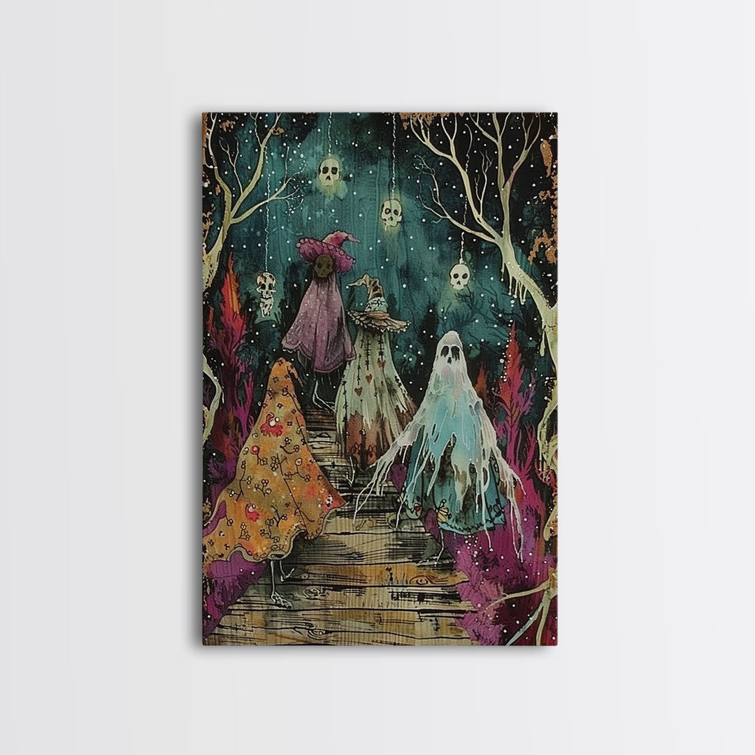 Spooky Trick Or Treaters Halloween Decor Framed Canvas Print, Cottage Core Mashup, Halloween Props, Spooky Vibes, Spooky Season Art