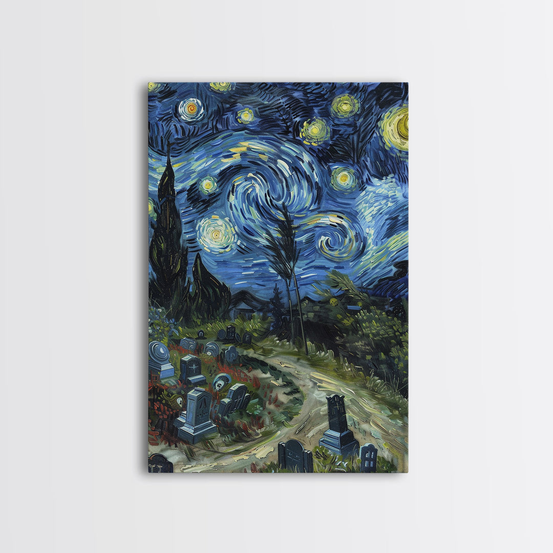 Starry Night Inspired Haunted Cemetary, Haunted Grave Yard, Spooky Season Wall Art, Halloween Decor