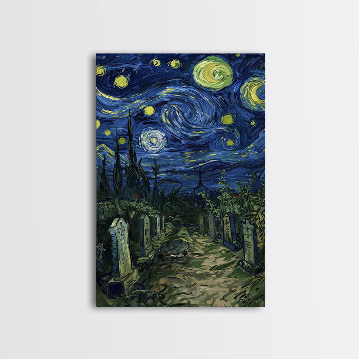 Starry Night Cemetery Framed Canvas Print, Halloween Wall Art, Gothic Art, Spooky Graveyard Decor, Van Gogh Style, Halloween Wall Decor