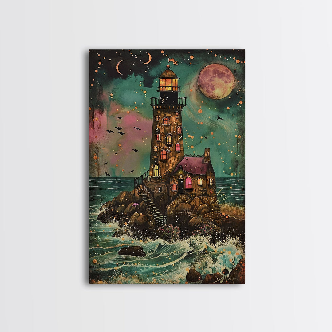 The Haunted Light House Framed Canvas Print, Retro Style Halloween Decor, Cottage Core Halloween Art