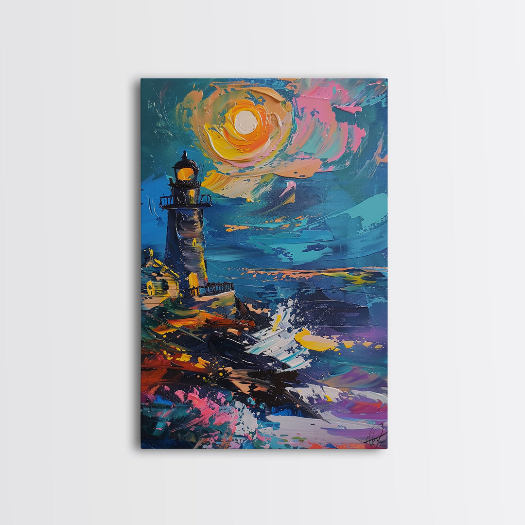 The Haunted Light House Framed Canvas Print, Impasto Style Halloween Decor, Cottage Core Halloween Art