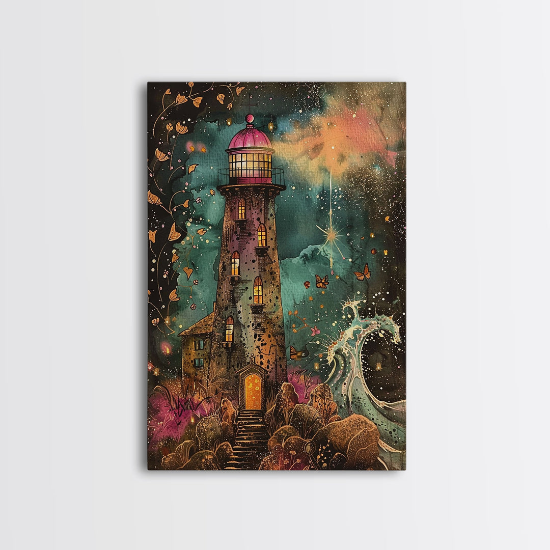 The Haunted Light House Framed Canvas Print, Retro Style Halloween Decor, Cottage Core Halloween Art