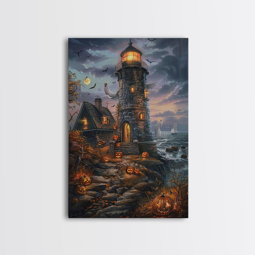 The Haunted Light House Framed Canvas Print, Impasto Style Halloween Decor, Cottage Core Halloween Art