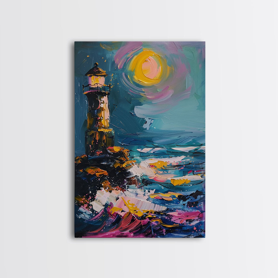 The Haunted Light House Framed Canvas Print, Retro Style Halloween Decor, Cottage Core Halloween Art