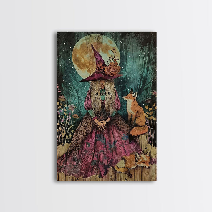 Spooky Halloween Witch Wall Art, Framed Canvas Prince, Halloween Art, Halloween Gift, Spooky Season, Cottage Core Witch and Fox Familiar