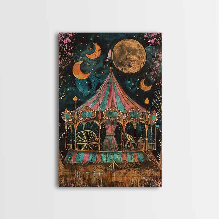 Spooky Haunted Carnival, Halloween Framed Canvas Print, Halloween Art, Springtime Cottage Core Halloween Mashup Decor