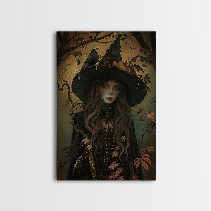 The Witch And The Raven, Framed Canvas Print, Raven Familiar, Victorian Witch Painting, Halloween Decor, Halloween Trinket, Spooky Wall Art