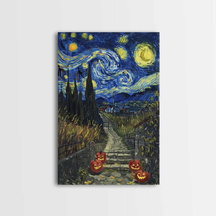 Spooky Starry Night Inspired Haunted Grave Yard Framed Canvas Print, Spooky Season Halloween Art