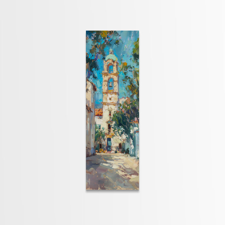 Textured Impasto Canvas Painting of Mexican Belltower, Western Wall Art for Living Room, Skinny Canvas Print for Office, Modern Wall Art