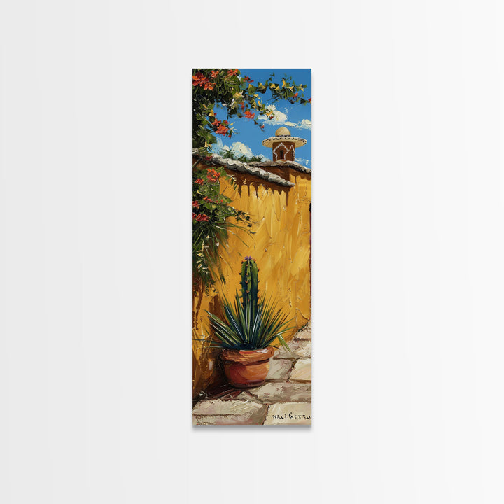 Mexican Inspired Impasto Canvas Painting Framed, Southwestern Wall Art, Tall and Narrow Wall Art, Framed Canvas Art for Living Room