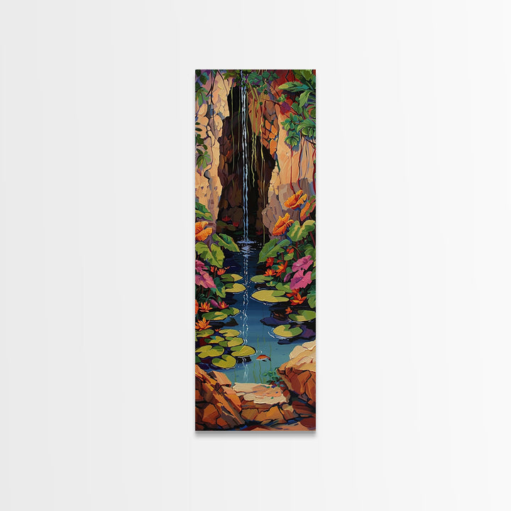 Whimsical Waterfall Canvas Painting Framed and Printed, Contemporary Art Print of Tropical Landscape, Botanical Wall Art Print, Nature Art