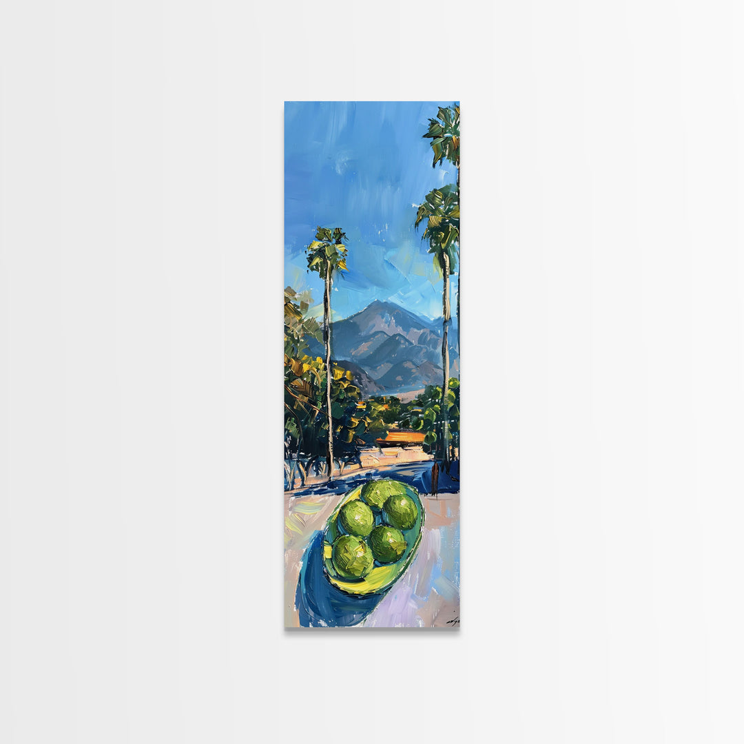 Tall and Narrow Palm Tree California Landscape Art Print Framed on Canvas, Printed Wall Art, Gouache Style Landscape Painting, Mountain Art