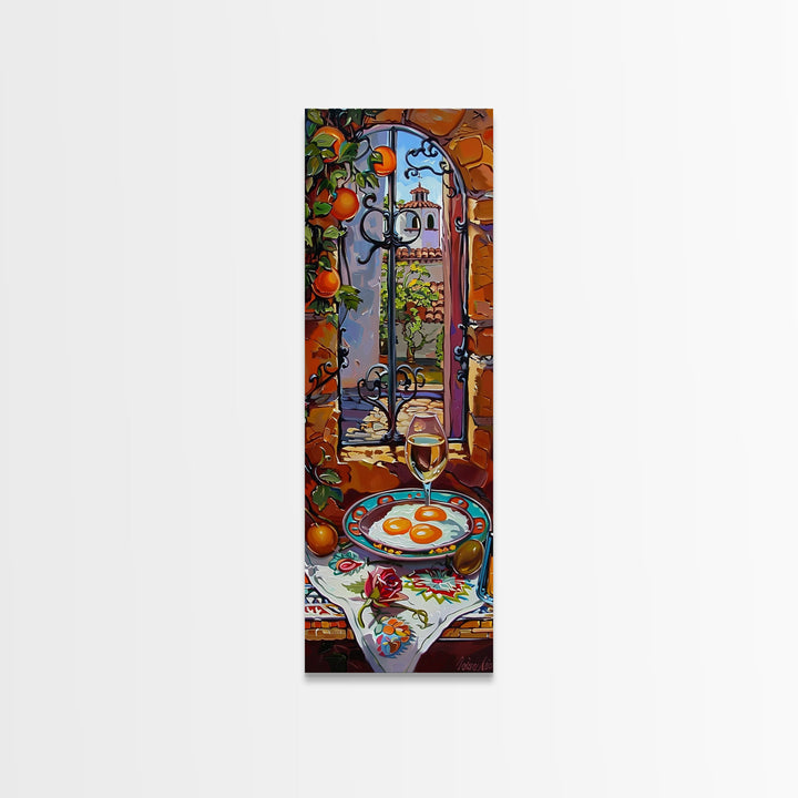 Oversized Mediterranean Style Cafe Painting Framed on Canvas, Whimsical Art, Vertical Wall Art, Spanish Style Cafe Painting, Kitchen Art