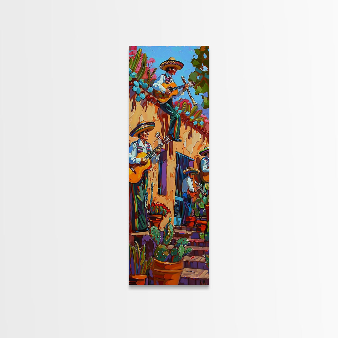 Tall and Narrow Mexican Style Mariachi Band Printed on Framed Canvas, Colorful Botanical Canvas Art, Maximalist Wall Art Print, Spanish Art