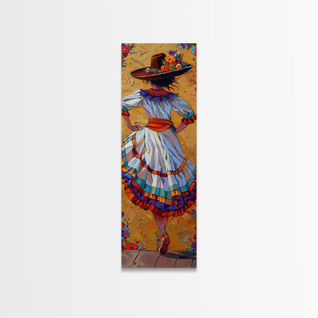 Textured Canvas Painting Print of Mexican Flamenco Dancer, Spanish Framed Art, Rustic Wall Art Print for Living Room, Oversized Vertical Art