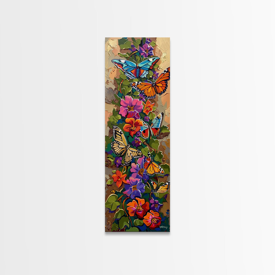 Colorful Abstract Framed Butterfly Canvas Art, Gouache Style Painting, Botanical Wall Art, Oversized Long Narrow Wall Art for Bedroom