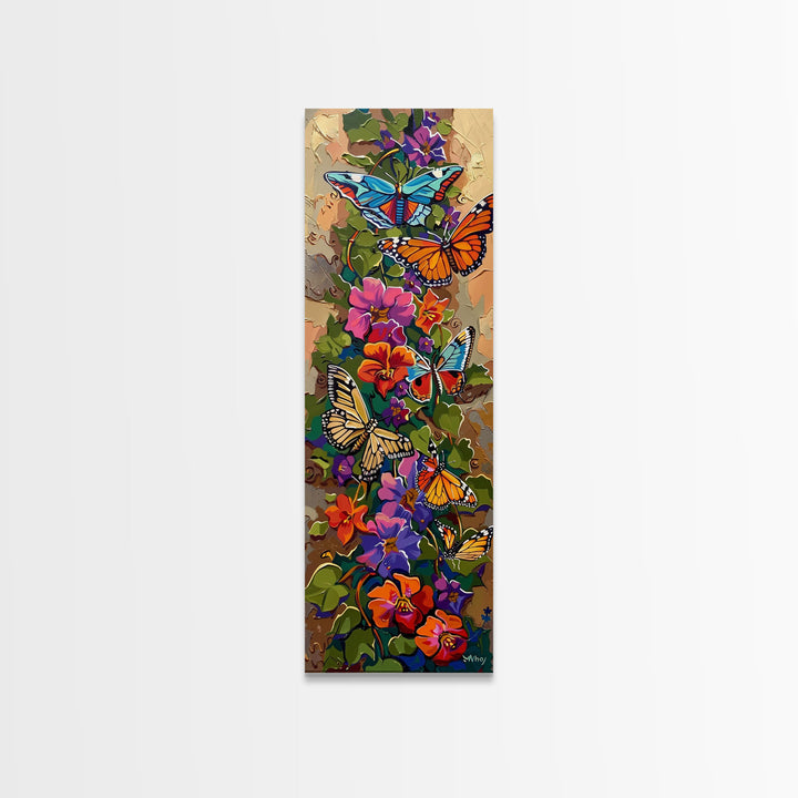 Colorful Abstract Framed Butterfly Canvas Art, Gouache Style Painting, Botanical Wall Art, Oversized Long Narrow Wall Art for Bedroom