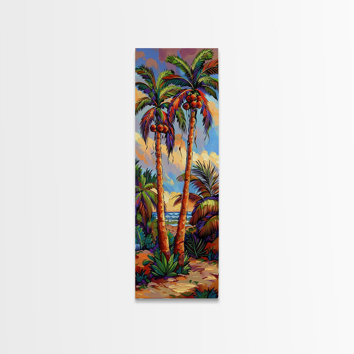 Abstract Canvas Painting of Beach Landscape, Palm Tree Art Print, Tall and Narrow Canvas Art of Ocean, Beachy Wall Art for Living Room