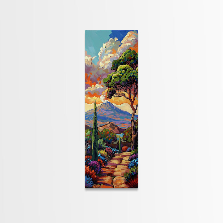 Colorful Textured Canvas Painting of Erupting Volcano Landscape, Tall and Narrow Vertical Art for Office, Mountain Wall Art Prints Framed