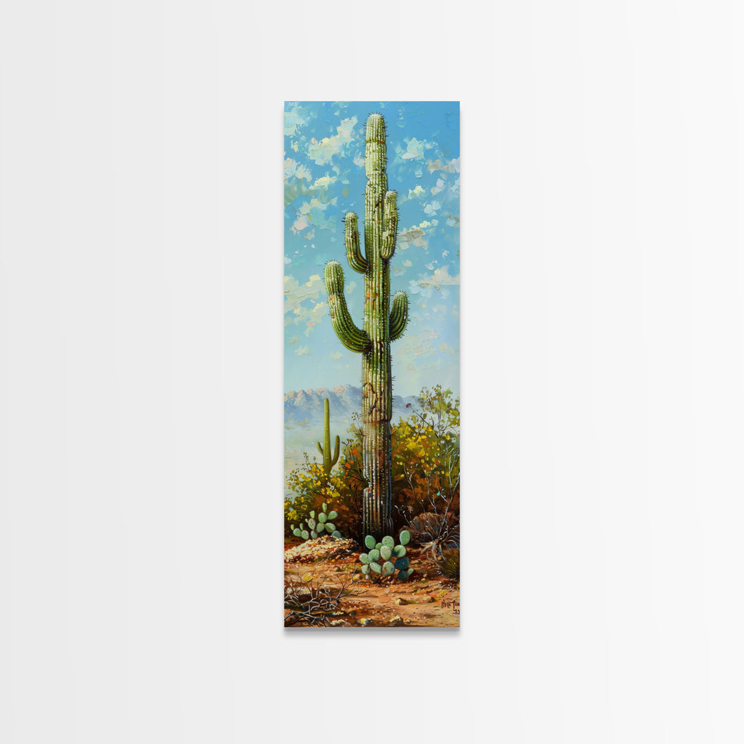 Framed Printed Acrylic Canvas Painting of Saguaro Cactus, Colorful Desert Art Print, Modern Western Wall Art Print, Office Wall Decor