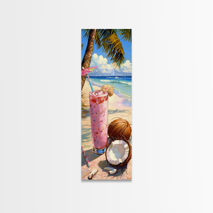 Tropical Kitchen Wall Art Print Framed on Canvas, Colorful Bar Wall Art Print, Tall and Narrow Framed Coastal Wall Art for Kitchen and Bar