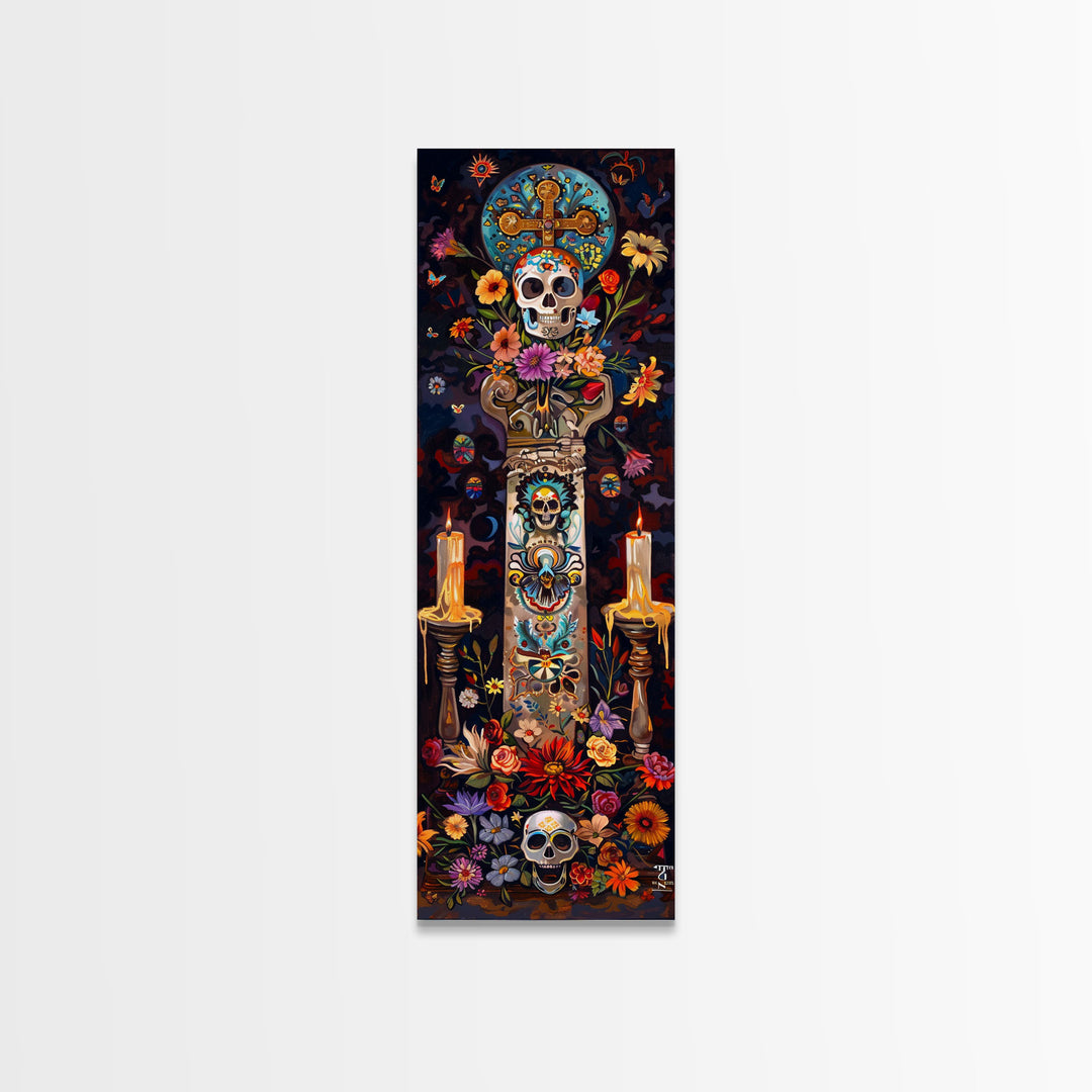 Dia De Los Muertos Sugar Skull Canvas Painting, Gothic Wall Art Print, Skinny Framed Canvas Art, Colorful Day of The Dead Poster Art