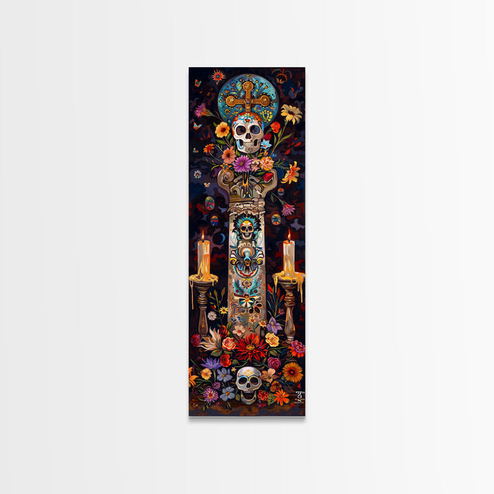 Dia De Los Muertos Sugar Skull Canvas Painting, Gothic Wall Art Print, Skinny Framed Canvas Art, Colorful Day of The Dead Poster Art