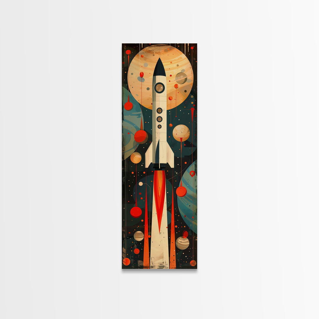 Vintage Rocket Launch Art - Framed Canvas Print, Midcentury Modern Skinny Art, Tall Wall Art for Living Room or Bedroom Decor