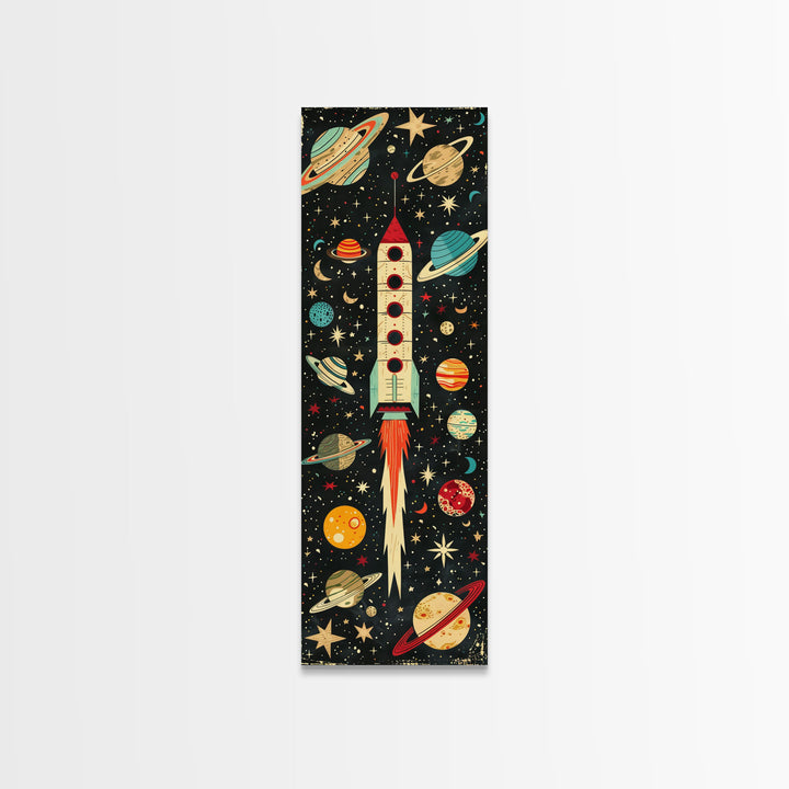 Space Exploration Art with Planets - Framed Canvas Print, Midcentury Modern Skinny Art, Tall Wall Art for Living Room or Bedroom Decor