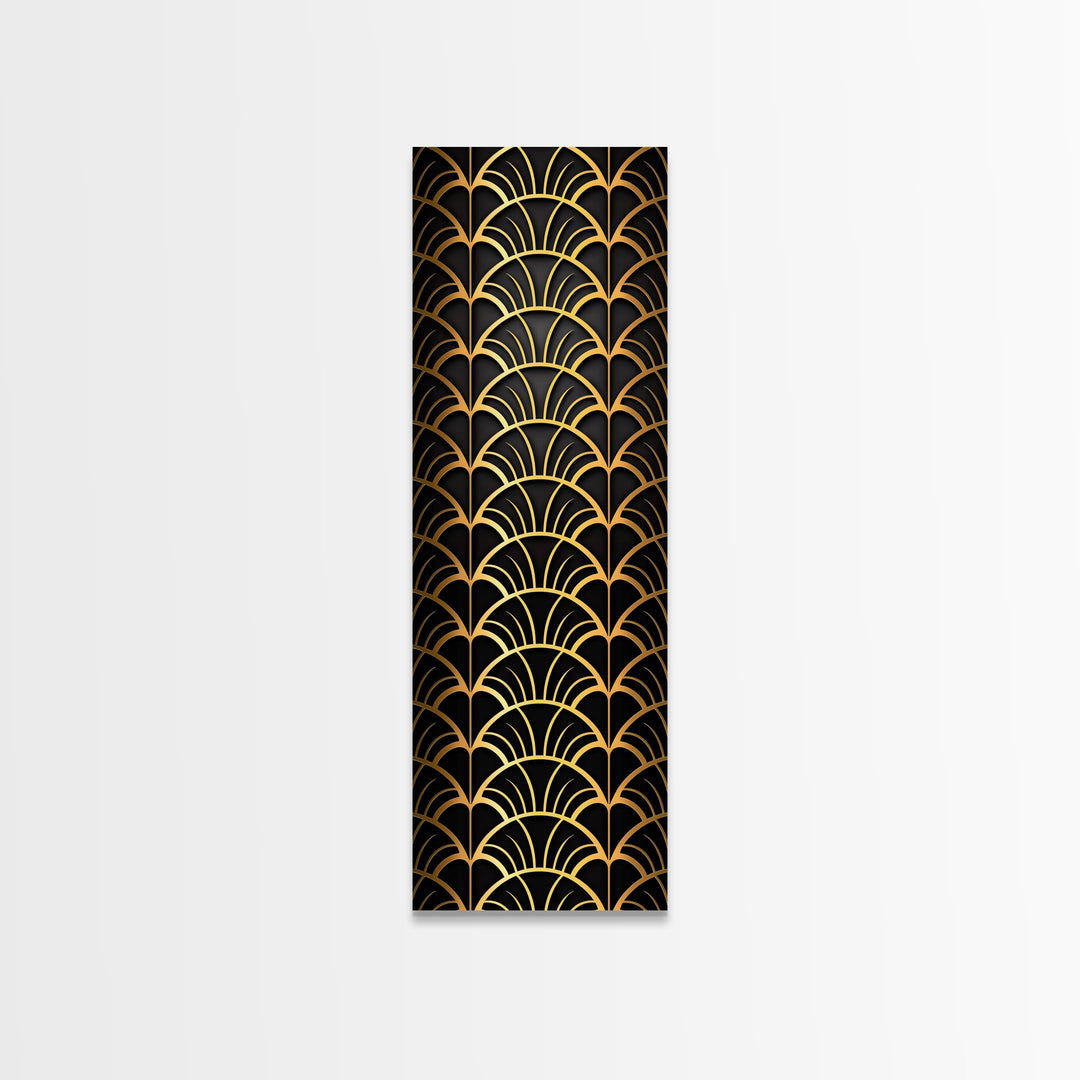 Abstract Gold Geometric Pattern on Black Background - Framed Canvas Print, Art Deco Style, Skinny Art, Tall Art, Midcentury Modern Art, Living Room Wall Decor