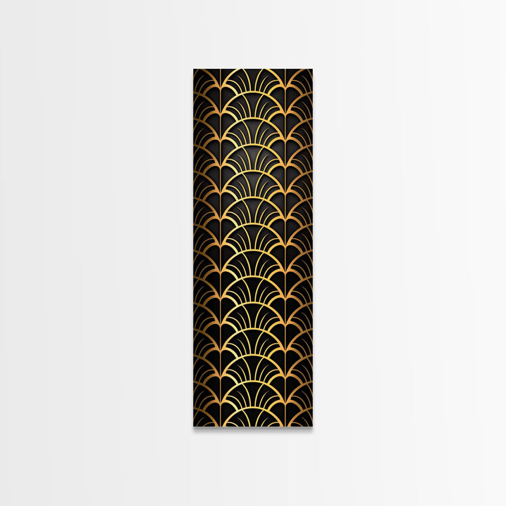 Abstract Gold Geometric Pattern on Black Background - Framed Canvas Print, Art Deco Style, Skinny Art, Tall Art, Midcentury Modern Art, Living Room Wall Decor