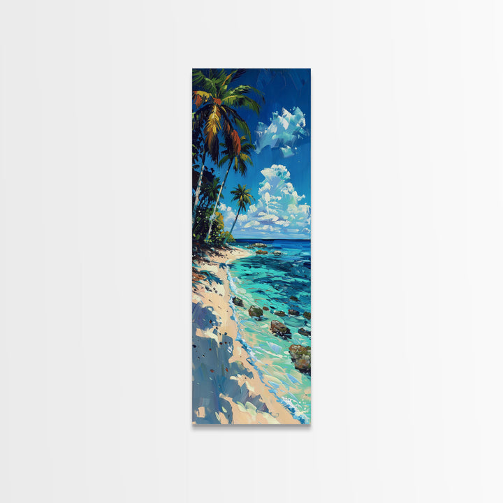 Tropical Beach Scene With Palm Trees Skinny Art Framed Canvas Print For Living Room Or Bedroom Wall Art