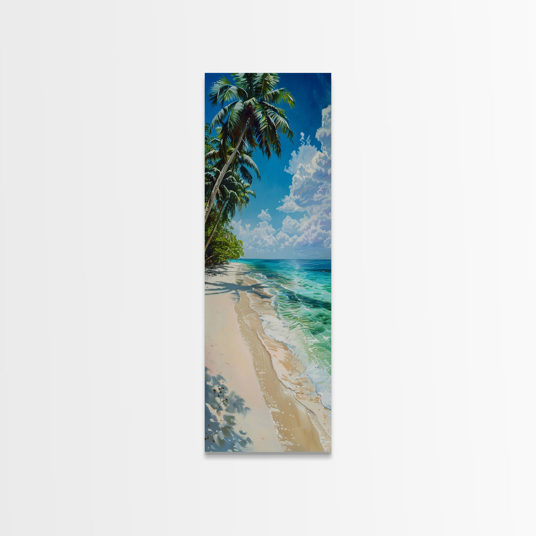 Sunny Coastal Beach Scene With Shaded Palm Trees Skinny Art Framed Canvas Print For Living Room Wall Art