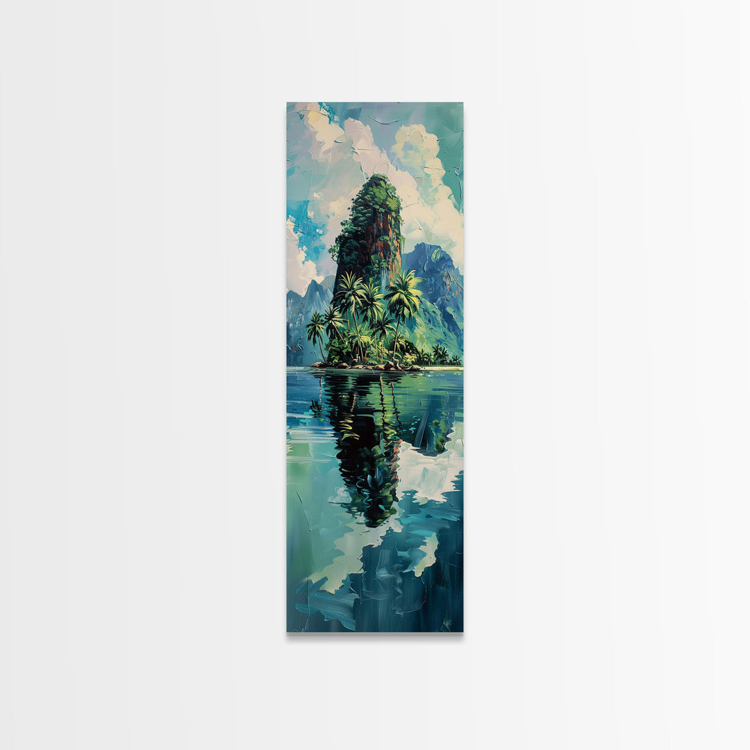 Tropical Island Paradise Scene With Mountain Reflections Skinny Art Framed Canvas Print For Living Room Or Bedroom Wall Art