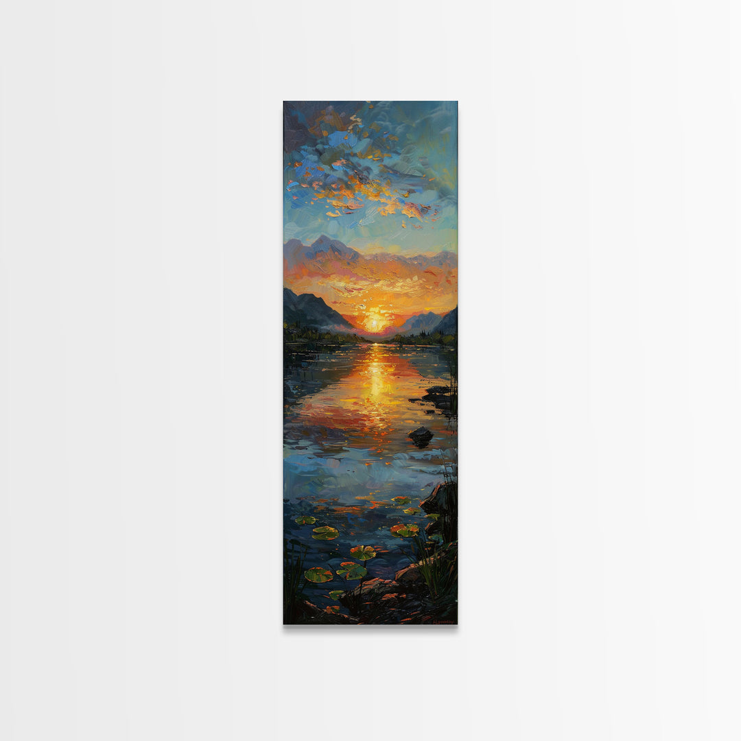 Vibrant Sunset Over Lake Art - Framed Canvas Print, Skinny Tall Art, Landscape Painting, Wall Art for Living Room, Bedroom Decor, Sunset Art