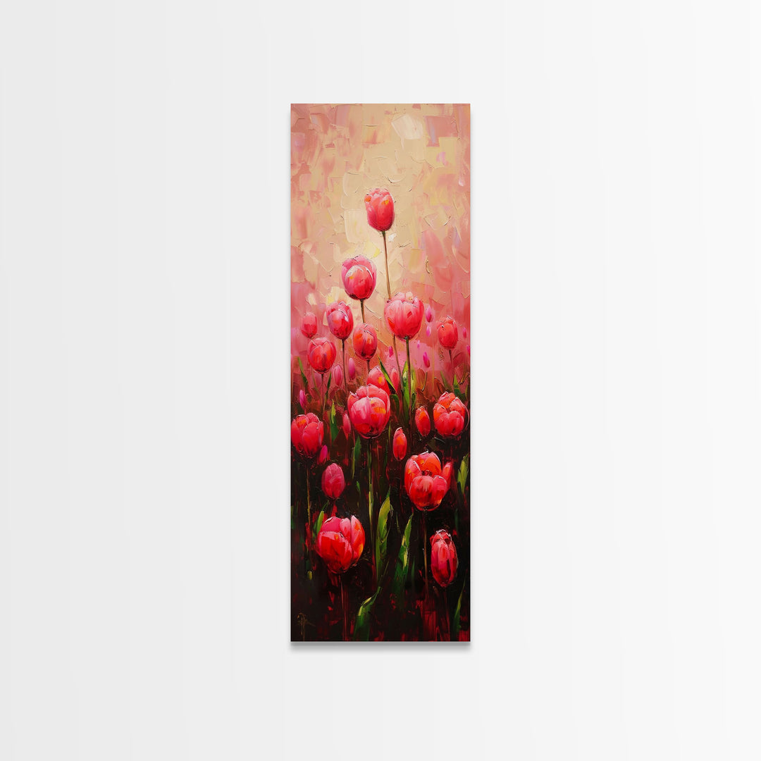 Vibrant Red Tulips in Bloom Against a Soft Pink Background on a Framed Canvas Print Skinny Art Piece