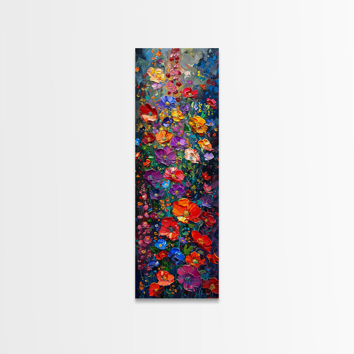 Vibrant Floral Cascade on Textured Canvas as Tall Skinny Art Framed Canvas Print for Colorful Wall Decor in Modern Interiors