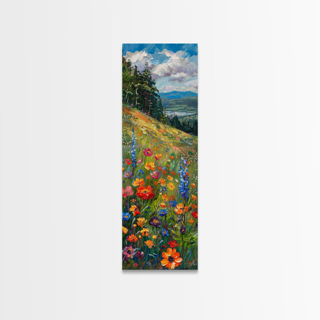 Wildflowers In Bloom, Framed Canvas Print, Skinny Panoramic Landscape Painting, Beautiful Wall Art, Gift Idea For Her, Housewarming