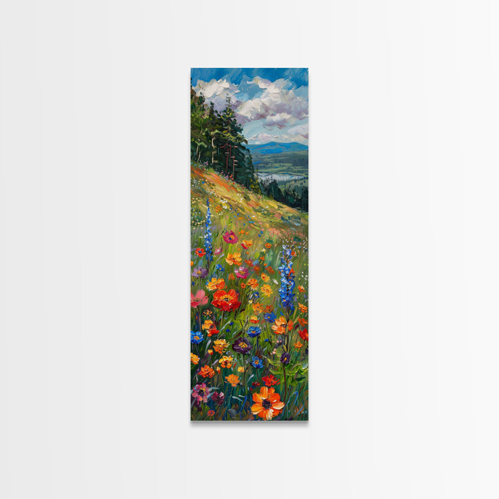 Wildflowers In Bloom, Framed Canvas Print, Skinny Panoramic Landscape Painting, Beautiful Wall Art, Gift Idea For Her, Housewarming