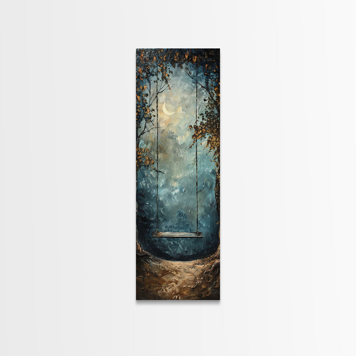 Tree Swing At Midnight Framed Canvas Print, Secret Garden, Dark Academia, Whimsical Minimalist Wall Art, Night Time Under a Crescent Moon