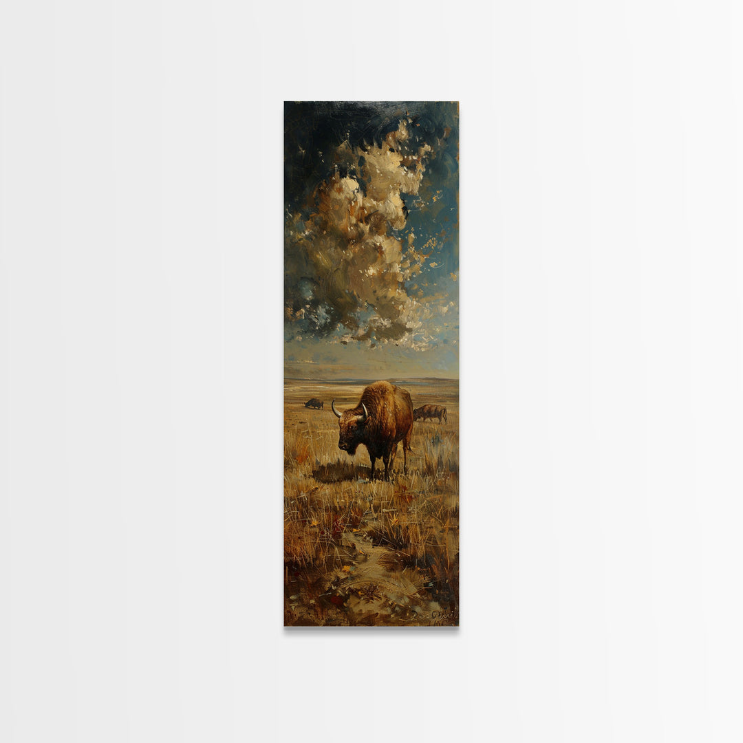 Wild Buffalo On The Oklahoma Prairie, Framed Canvas Print, Minimalist Farmhouse Decor Oil Painting Print