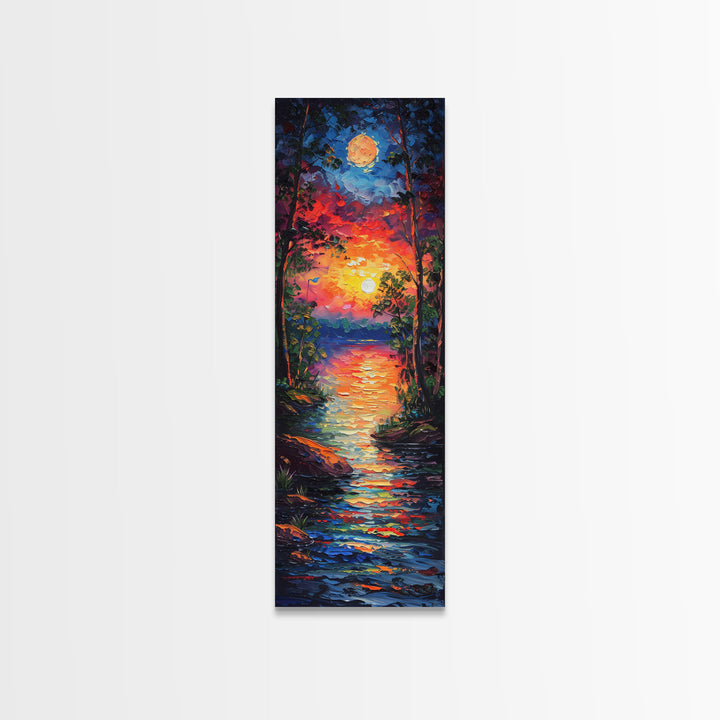 Sunset and Full Moon Over The lake Framed Canvas Print, Nature Decor, Landscape Oil Painting Print Wall Art, Skinny / Tall Art for Small Spaces