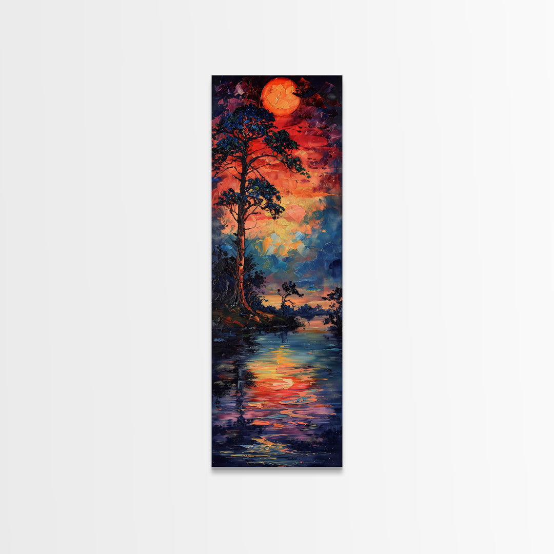 Sunset At The Lake, Framed Canvas Print, Colorful Gift Idea, Housewarming, Tall / Skinny Panoramic Painting Print, Living Room Wall Art