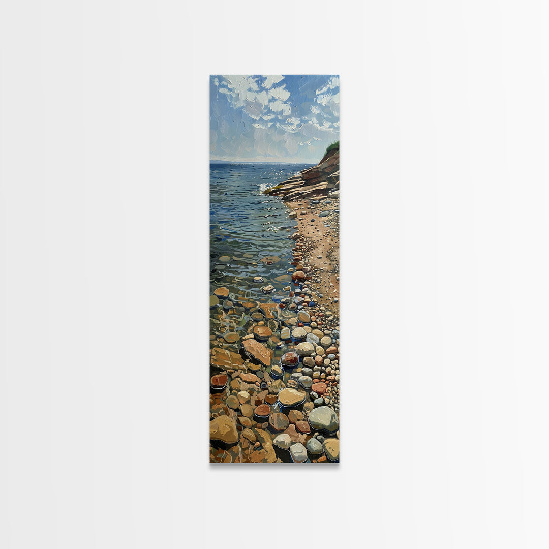 Tranquil Shoreline With Colorful Pebbles, Rustic Farmhouse Art On Framed Canvas, Minimalist Coastal Wall Art In Tall Canvas Print