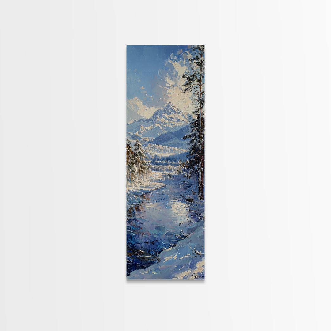 Snow-Covered Mountain Landscape With Icy River, Minimalist Farmhouse Art For Winter Decor, Boho Style Wall Art In Tall Canvas Print