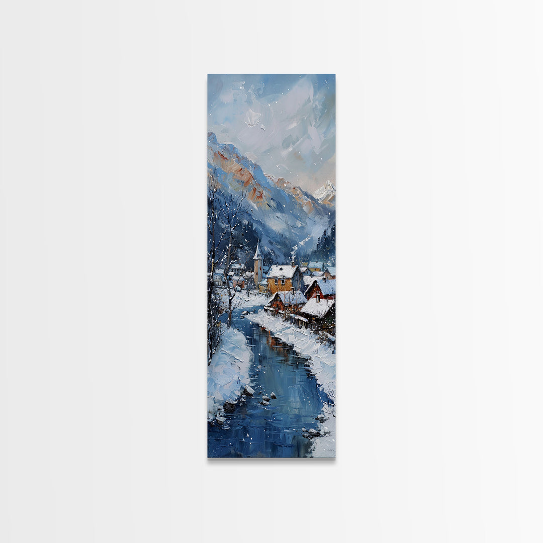 Tranquil Winter Village Scene Snowy River Minimalist Farmhouse Art Framed Canvas Print Tall Art Ukiyo-e Japanese Style Art