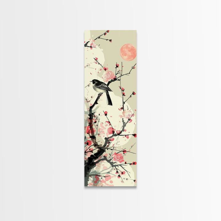 Songbird on Cherry Blossom Skinny Art Tall Art Japanese Ukiyo-e Inspired Bird and Nature Framed Canvas Print