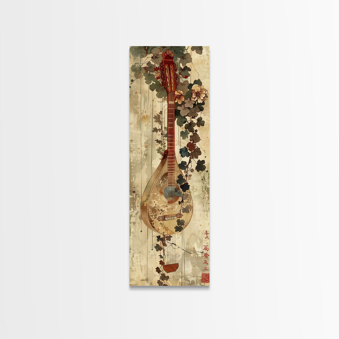 Vintage Mandolin, Autumn Foliage, Japanese Art, Skinny Art, Tall Art, Framed Canvas Print, Ukiyo-e Style