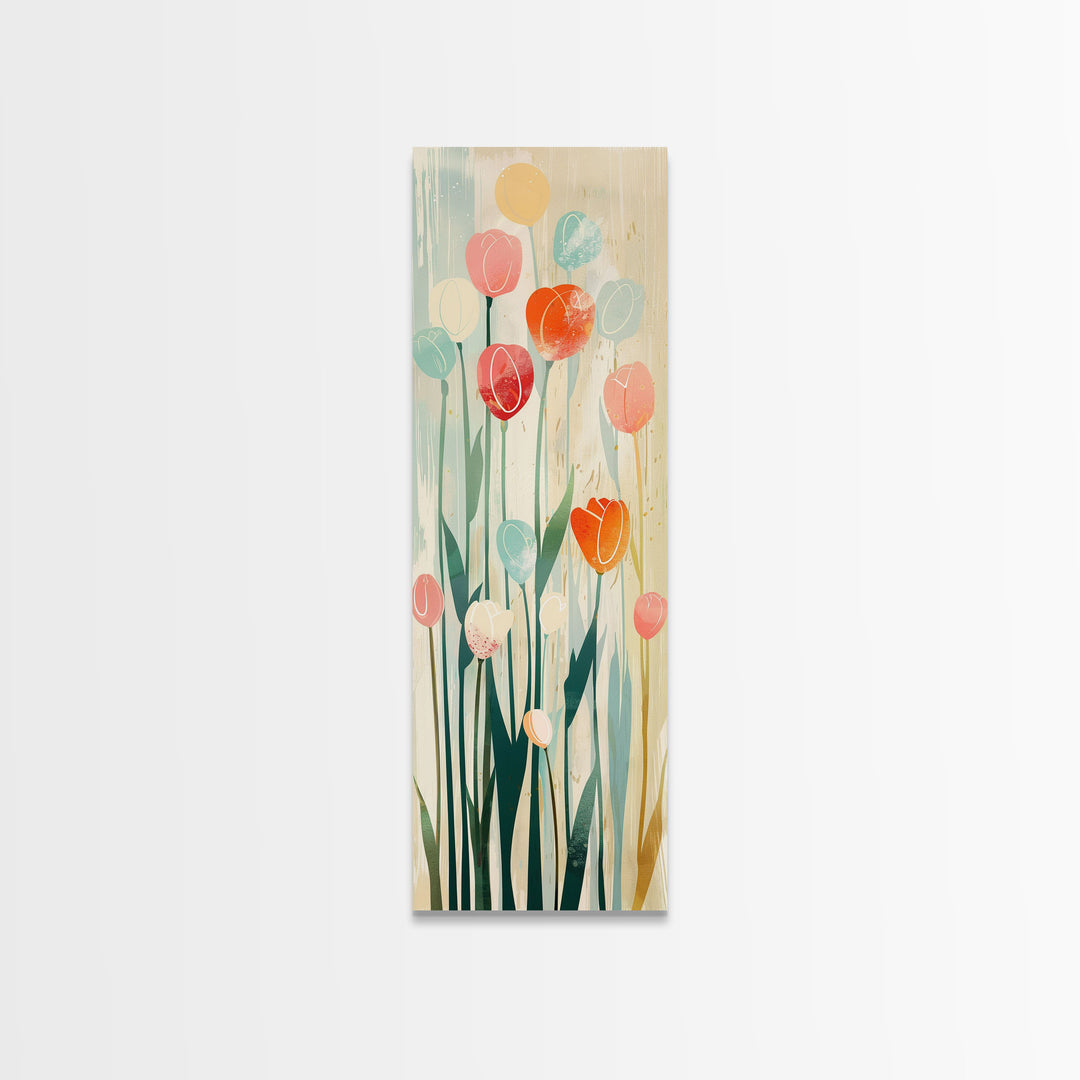 Abstract Tulips, Pastel Colors, Japanese Art, Skinny Art, Tall Art, Framed Canvas Print, Ukiyo-e Style