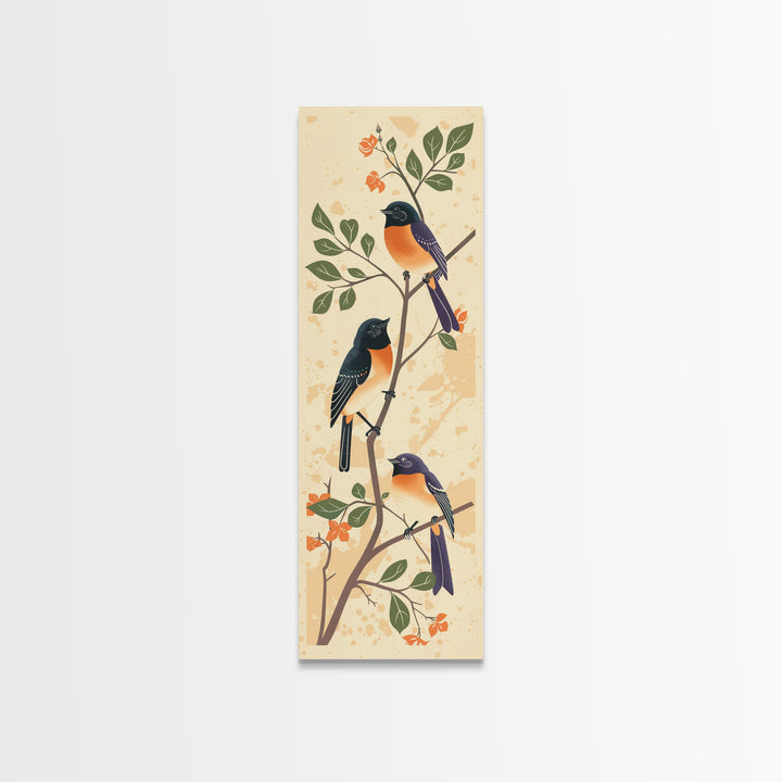 Three Birds Perched On A Branch Japanese Style Framed Canvas Print, Traditional Illustration Art Ready To Hang For Home Decor